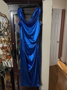 New Cowl Neck Satin Midi Dress in Royal Blue size small